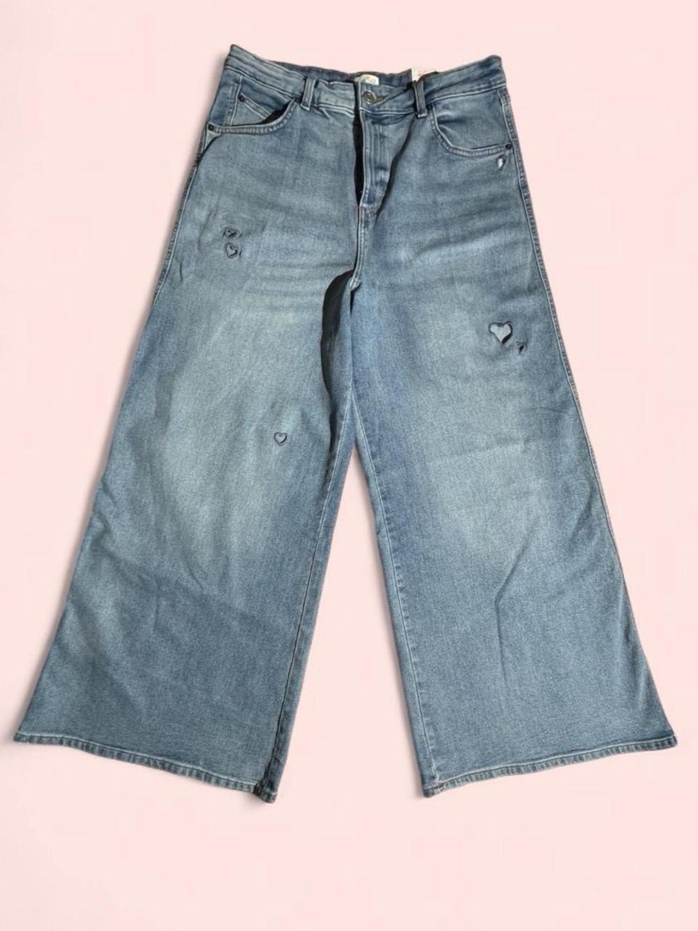 Wide Leg Light Blue Women's Jeans with Heart Distress